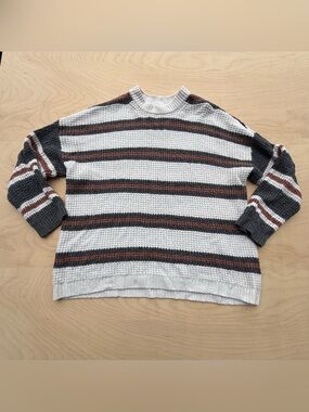 American Eagle Outfitter Crew Neck Striped White Grey Rust Orange Knit Sweater L